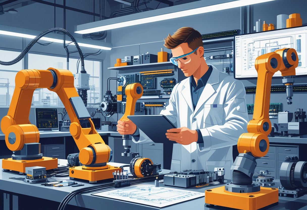 Técnico em mecatrônica trabalhando em oficina com braços robóticos, peças mecânicas e placas eletrônicas, usando tablet e ferramentas para ajustar equipamento.