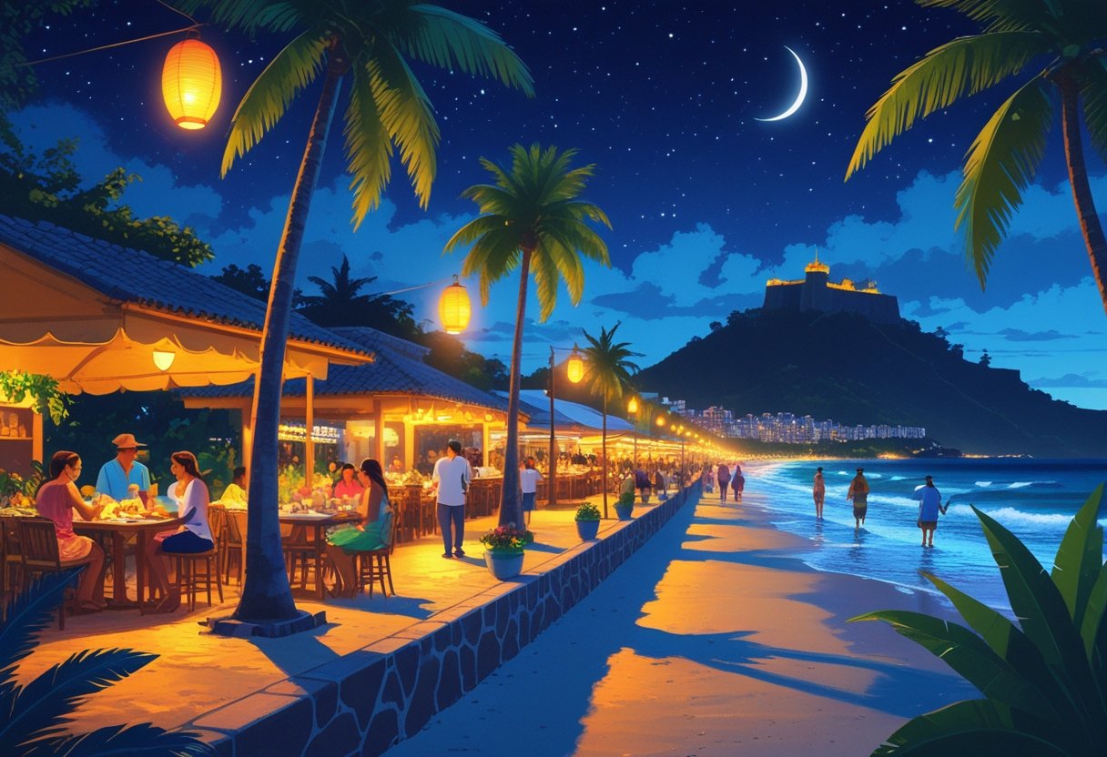 Cena noturna na orla de Natal com pessoas caminhando na praia, restaurantes ao ar livre, músicos tocando e o mar ao fundo sob um céu estrelado.