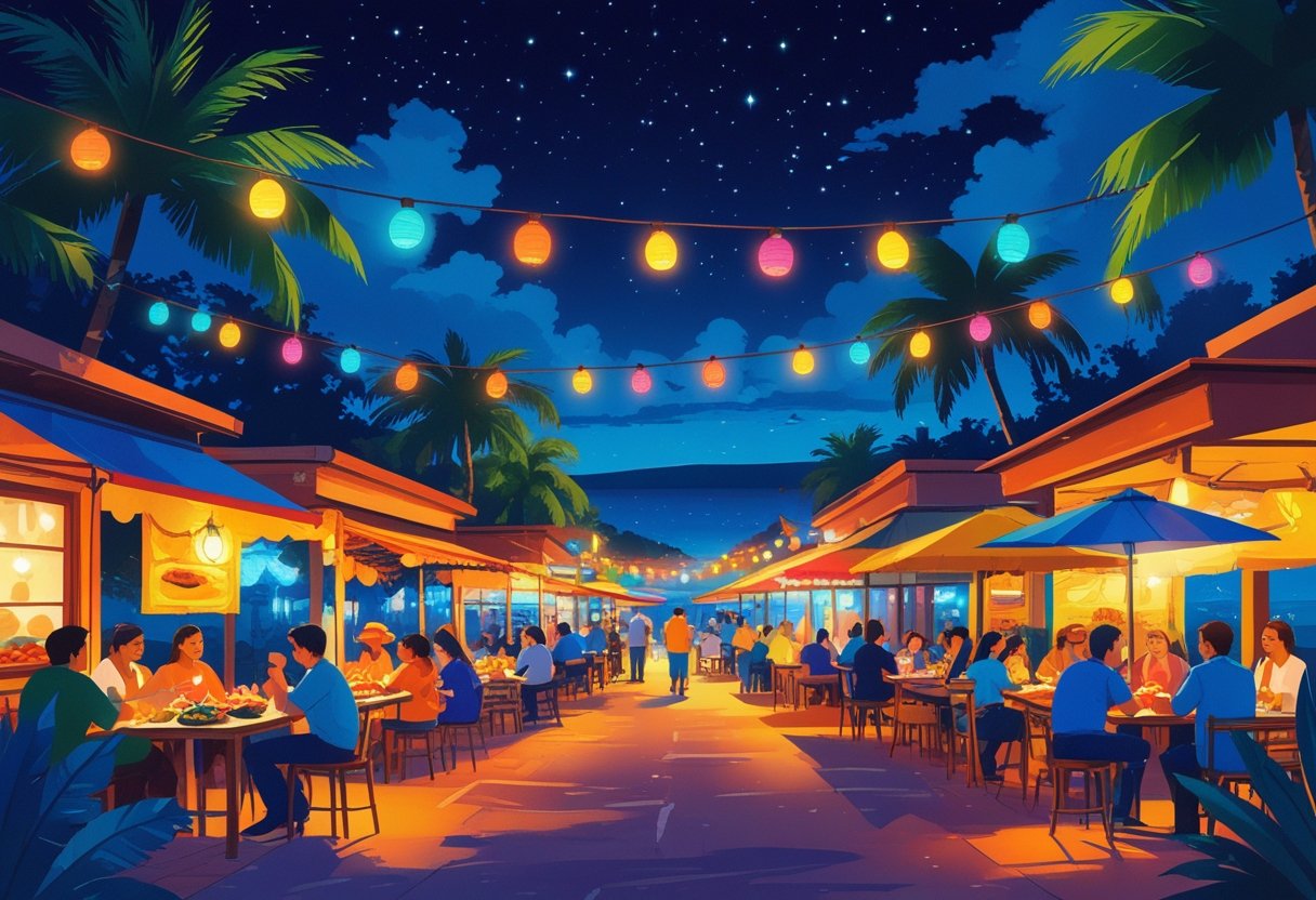 Cena noturna de uma rua em Natal com pessoas apreciando comidas típicas em restaurantes e barracas ao ar livre, iluminadas por luzes decorativas.