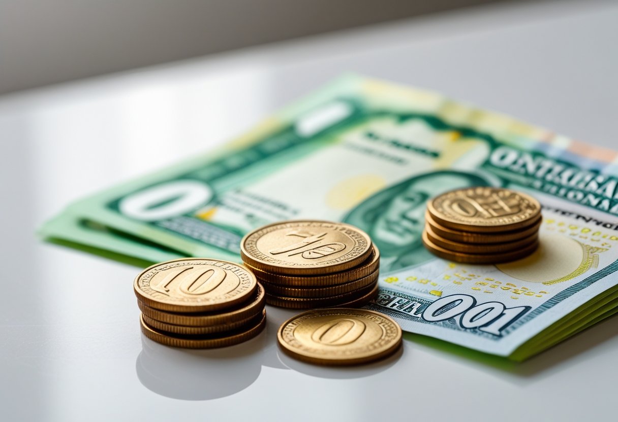 Moedas de centavos e uma cédula de um real brasileiro sobre uma superfície branca.