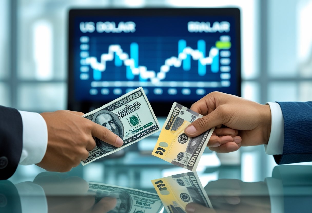 Mãos trocando notas de dólar americano e real brasileiro sobre uma mesa de vidro em um ambiente de escritório.