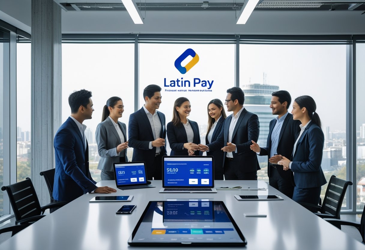 Profissionais diversos em uma reunião de negócios em um escritório moderno com vista para a cidade, usando dispositivos digitais para discutir dados financeiros.