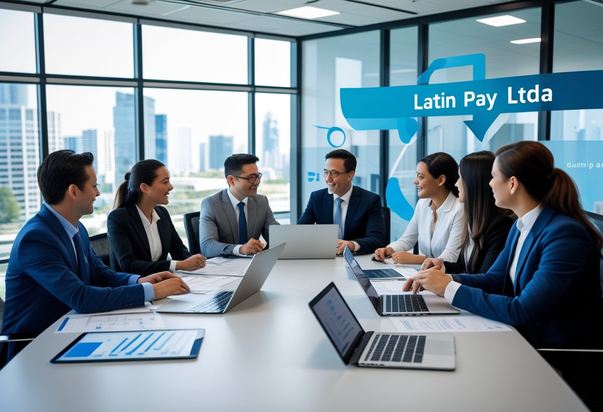 Grupo de profissionais em reunião em um escritório moderno com vista para a cidade.