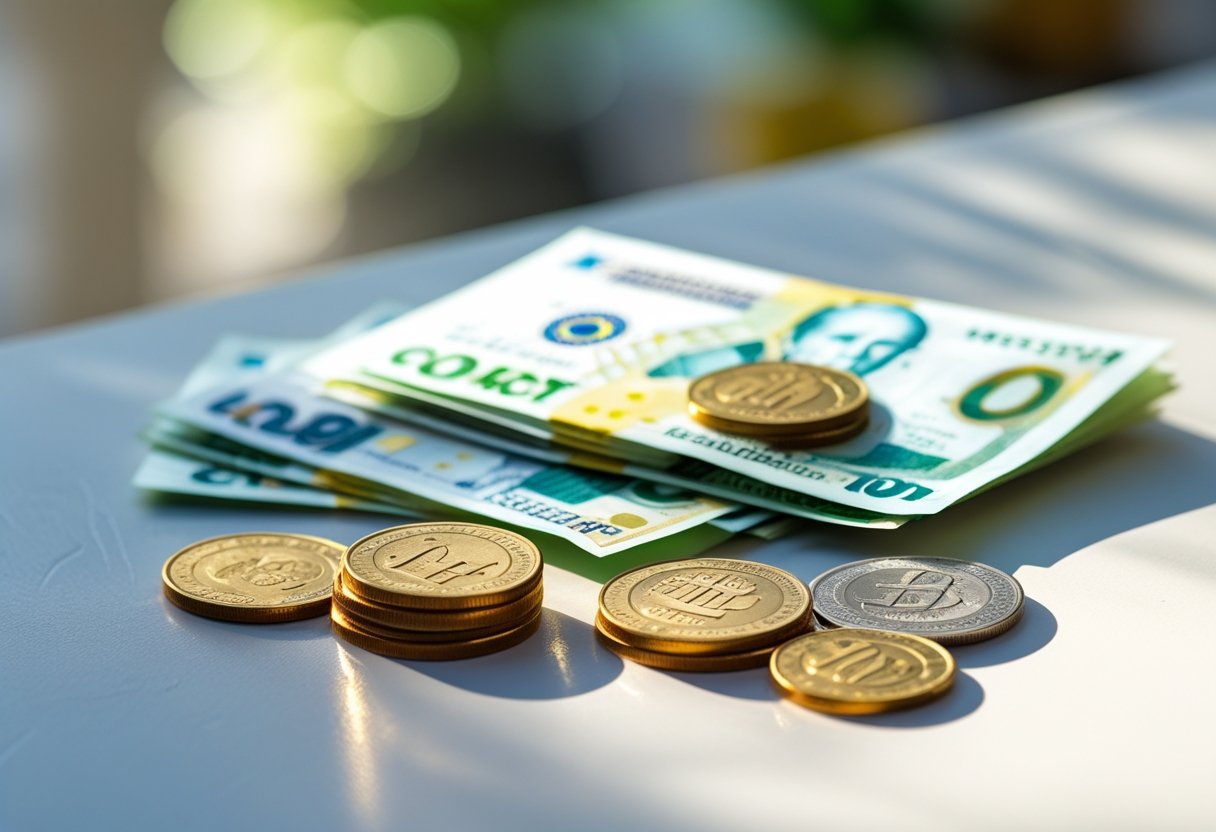 Notas e moedas de real brasileiro organizadas sobre uma superfície limpa e iluminada.