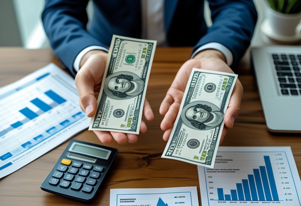 Mãos segurando notas de dólar e real sobre uma mesa com documentos financeiros, calculadora e laptop mostrando gráficos de conversão de moeda.