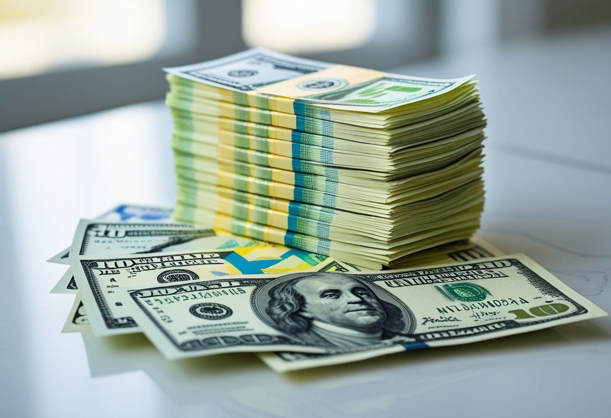 Notas de reais brasileiras e algumas cédulas de dólar americano dispostas sobre uma superfície limpa e bem iluminada.