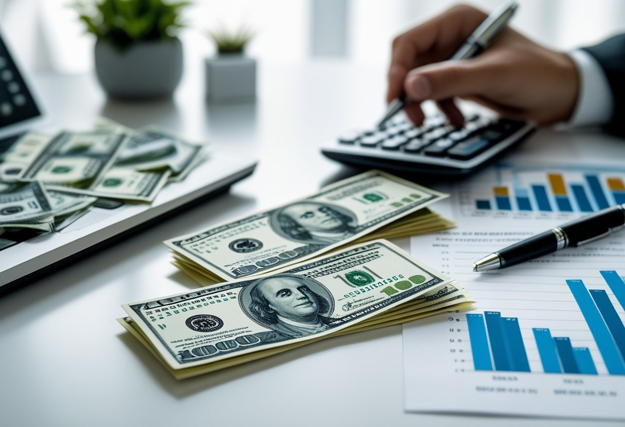 Notas de dólar americano e real brasileiro sobre uma mesa com uma calculadora e documentos financeiros ao fundo.