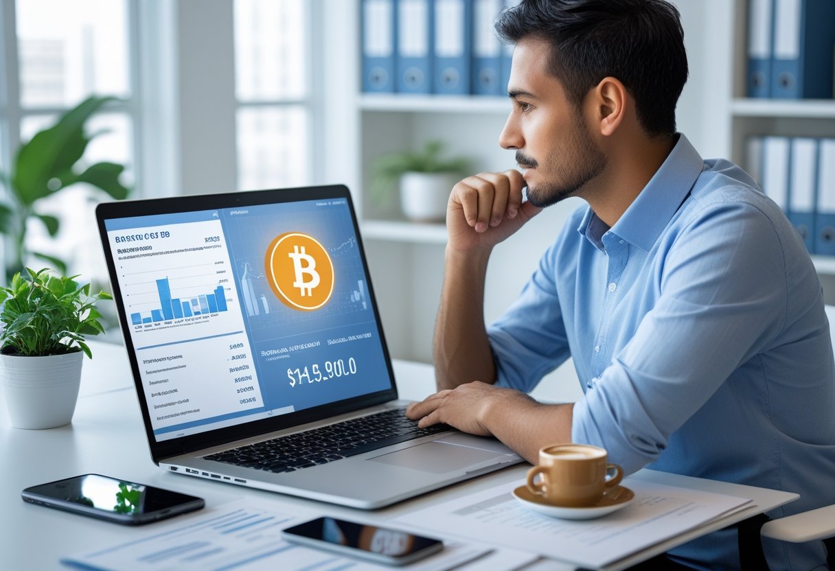 Pessoa sentada em uma mesa moderna olhando para a tela de um laptop com dados financeiros e símbolos de criptomoedas.