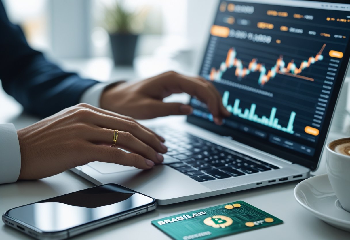 Pessoa usando laptop com gráficos de Bitcoin na tela e um cartão CPF sobre a mesa em um ambiente de escritório.