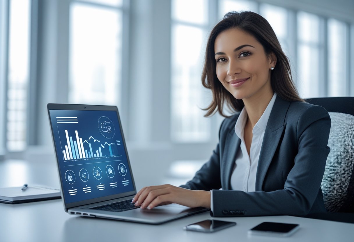 Mulher de negócios confiante trabalhando em um laptop em um escritório moderno e bem iluminado.