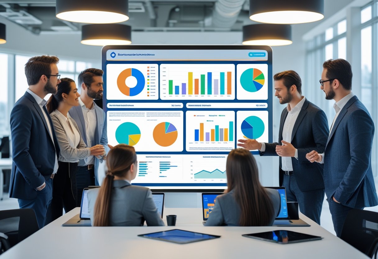 Grupo de profissionais em escritório moderno analisando gráficos financeiros em uma mesa digital, discutindo plataformas bancárias.