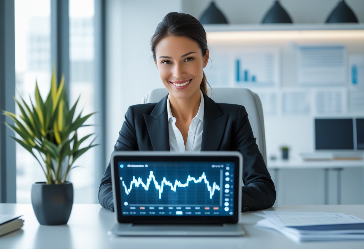 Mulher de negócios confiante sentada em uma mesa moderna, usando um laptop com gráficos de criptomoedas em um escritório bem iluminado.