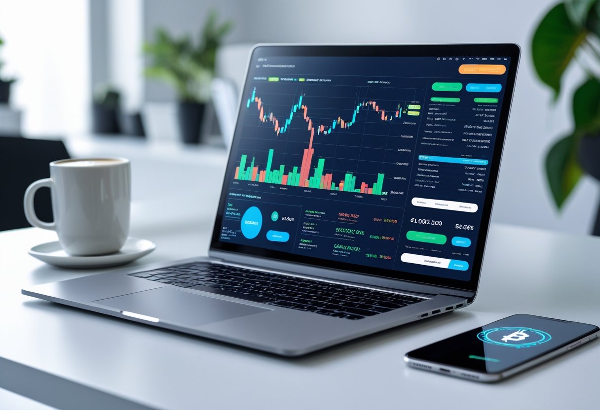 Mesa de trabalho moderna com laptop mostrando gráficos de criptomoeda, smartphone com confirmação de transação e uma xícara de café.