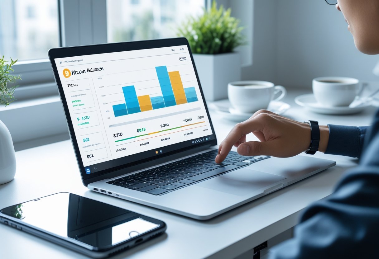 Pessoa usando um laptop em uma mesa de trabalho moderna, verificando dados relacionados a Bitcoin.