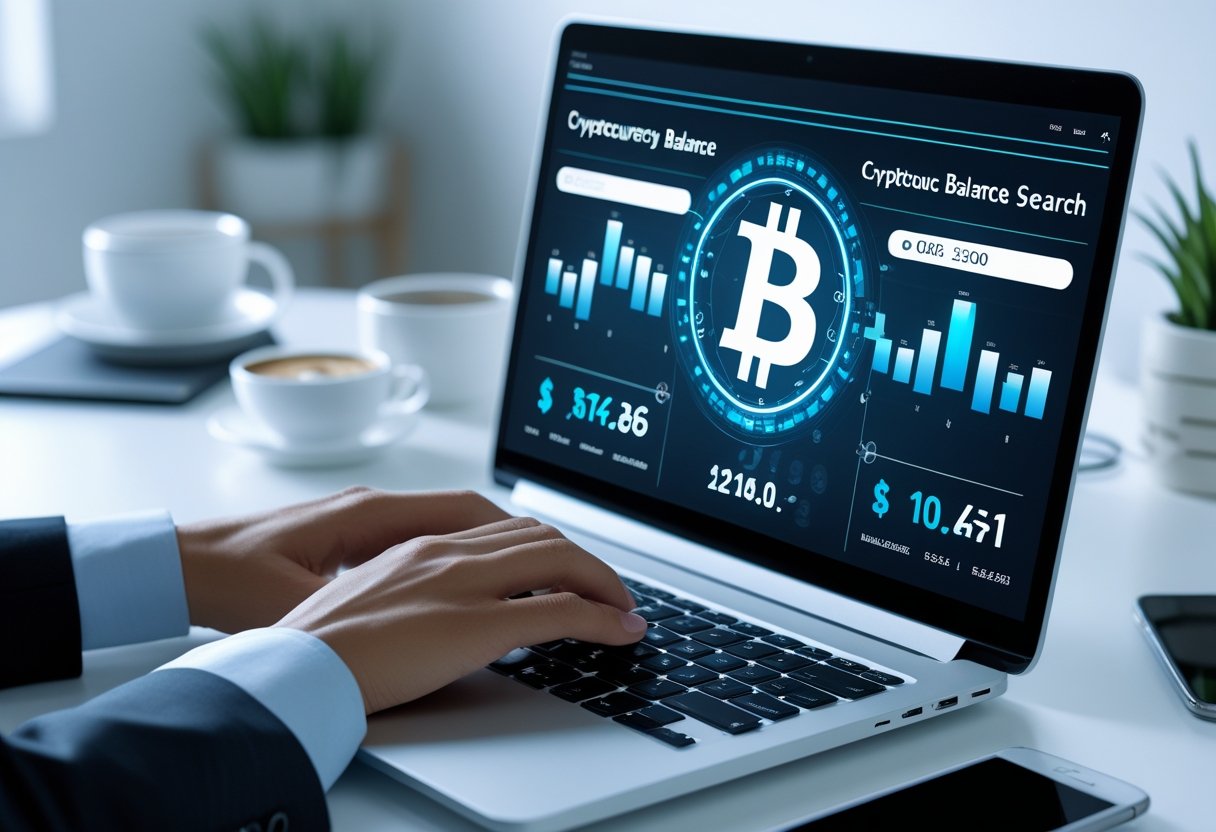 Mesa de escritório moderna com laptop mostrando interface digital relacionada a Bitcoin e CPF, com uma mão interagindo com o computador.