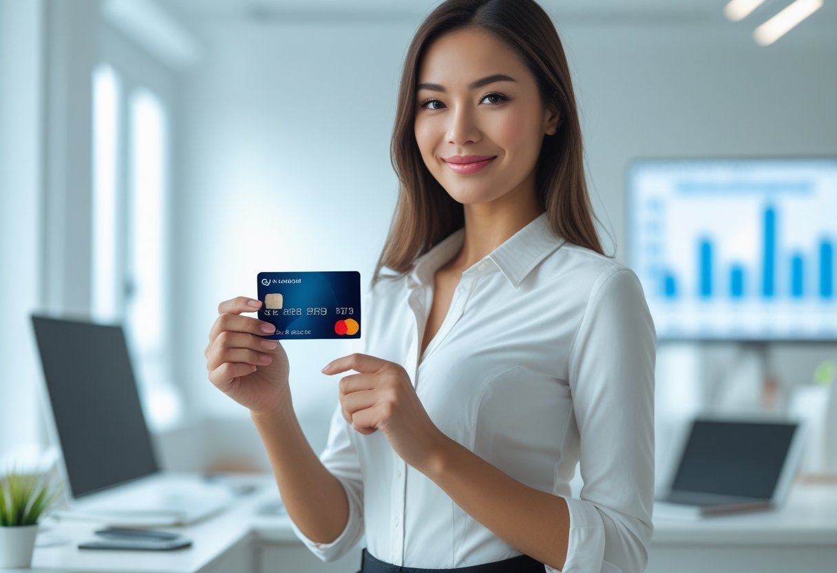 Mulher jovem segurando um cartão de crédito moderno em um ambiente de escritório claro e moderno, transmitindo confiança em pagamentos.