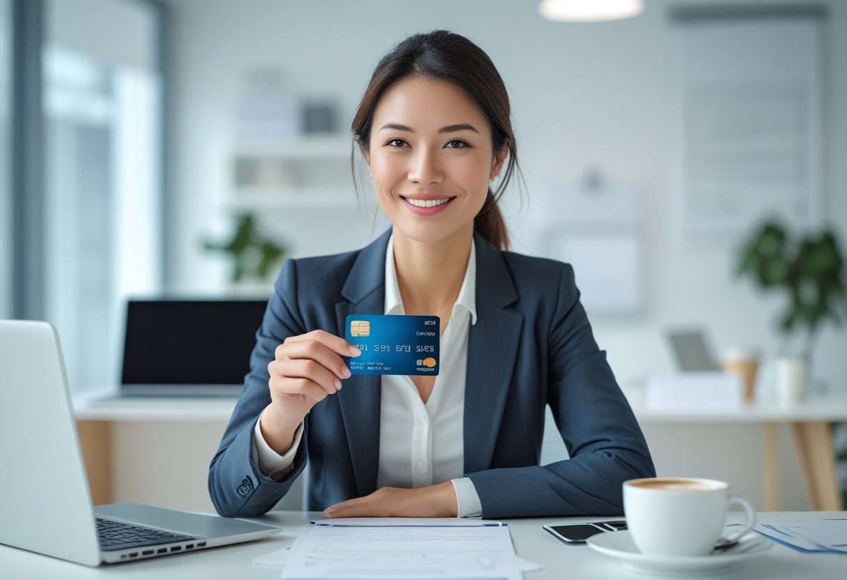 Mulher jovem sentada em escritório moderno segurando um cartão de crédito com expressão confiante.