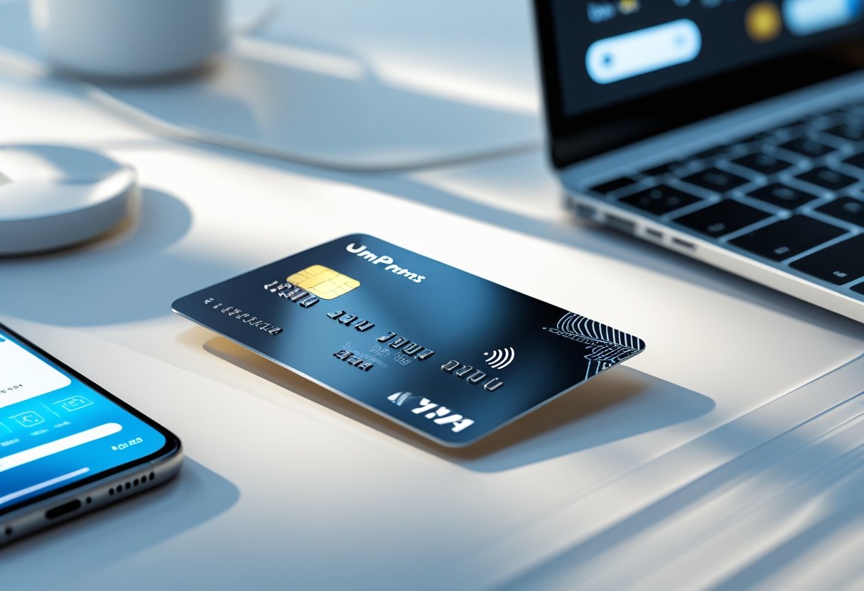 Cartão de crédito moderno sobre uma mesa branca com um smartphone e um laptop ao fundo, representando pagamentos digitais.