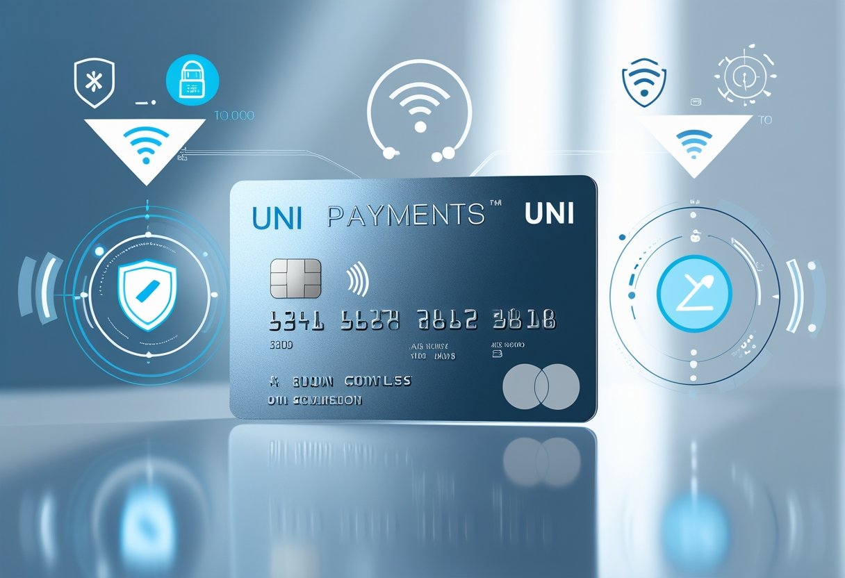 Cartão de crédito moderno sobre superfície limpa com ícones digitais ao redor que representam segurança, pagamento por aproximação e vantagens financeiras.