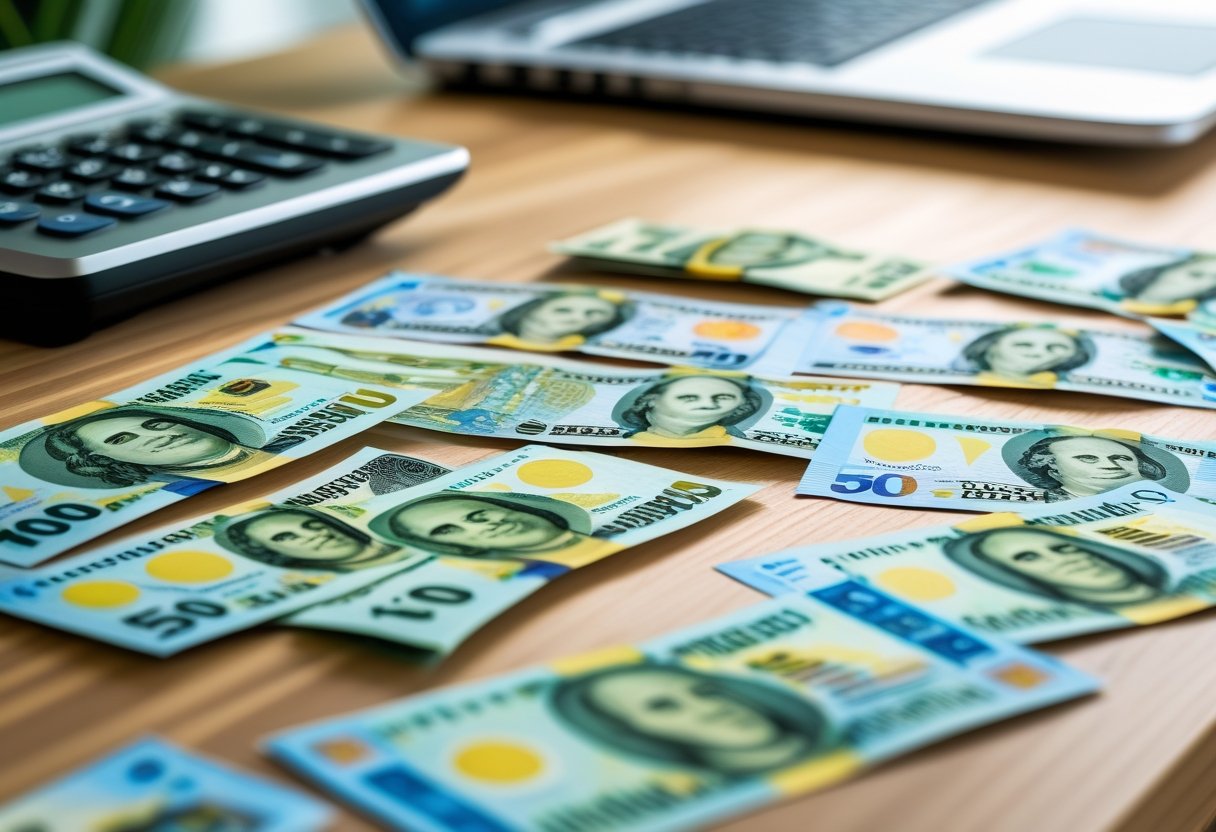 Notas de dinheiro em reais espalhadas sobre uma mesa de madeira com uma calculadora e um laptop ao fundo.