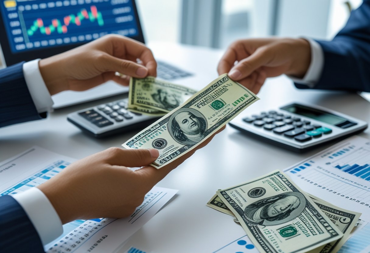 Mãos segurando notas de dólar e real sobre uma mesa com calculadora, laptop e documentos financeiros ao fundo.