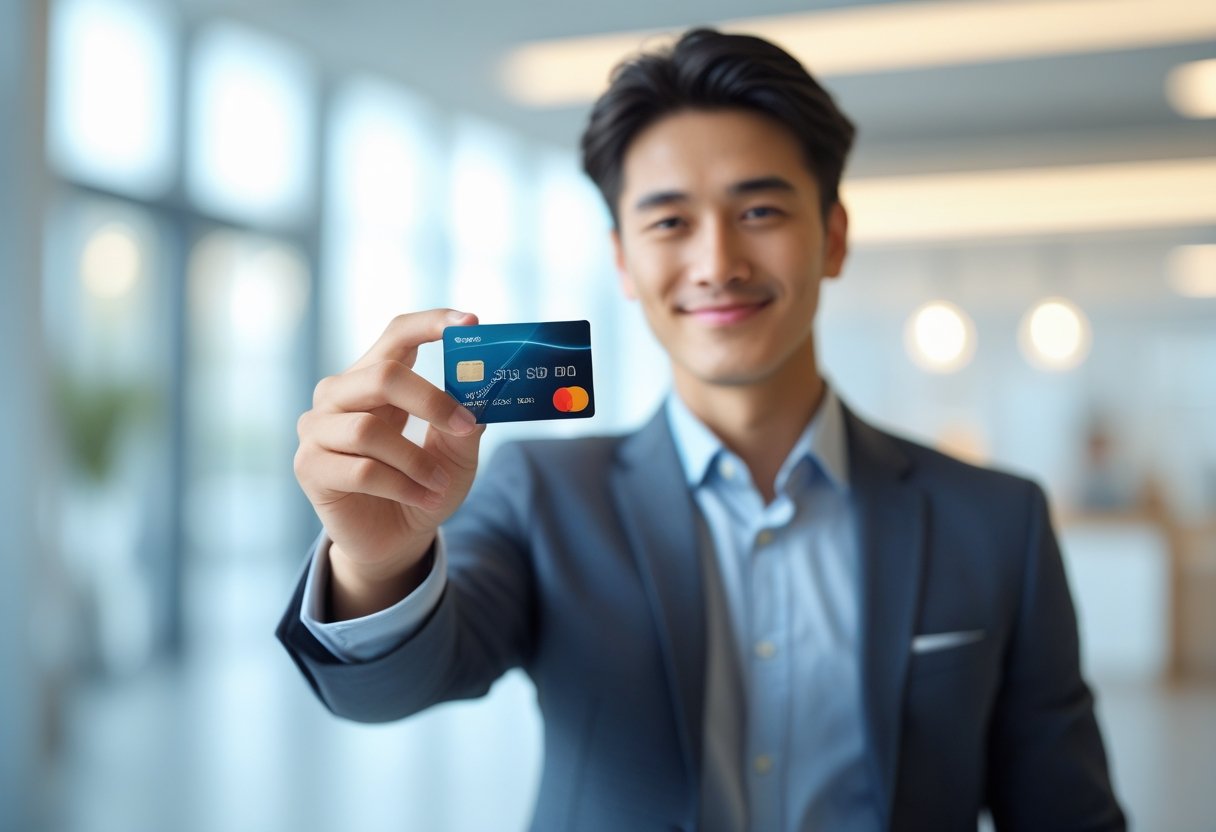 Pessoa segurando um cartão de pagamento moderno com expressão confiante em um ambiente claro e profissional.