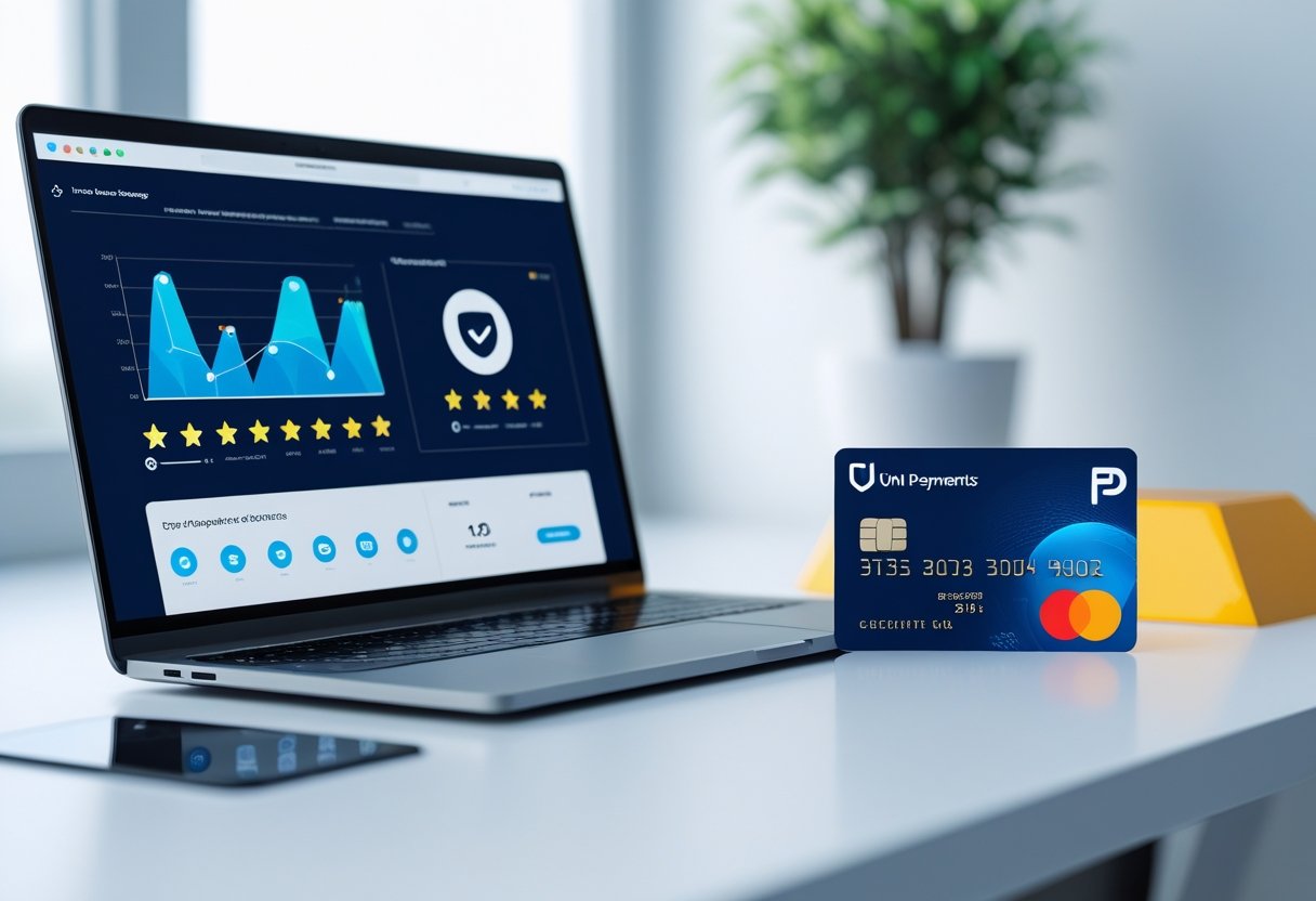 Mesa de trabalho moderna com laptop, smartphone mostrando confirmação de pagamento e cartão de crédito, simbolizando confiança em pagamentos digitais.