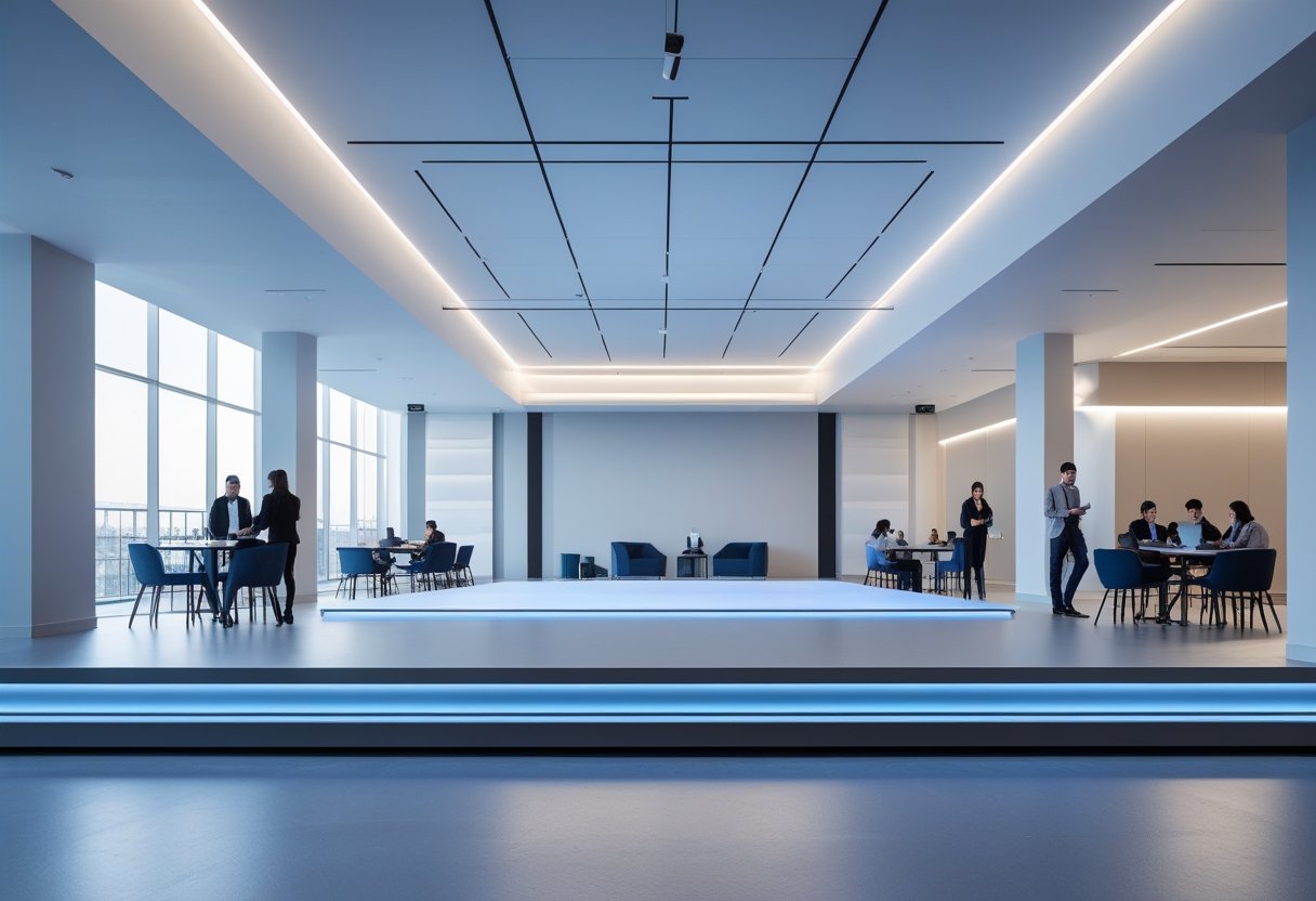 Espaço moderno e bem iluminado com plataforma elevada, pessoas em trajes casuais de negócios conversando e trabalhando em laptops.