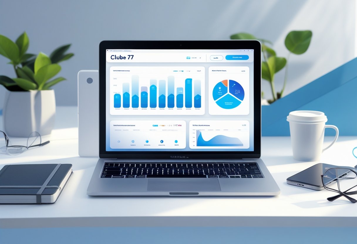Mesa de trabalho moderna com laptop exibindo gráficos e elementos digitais, cercada por itens de escritório como caderno, celular e xícara de café.
