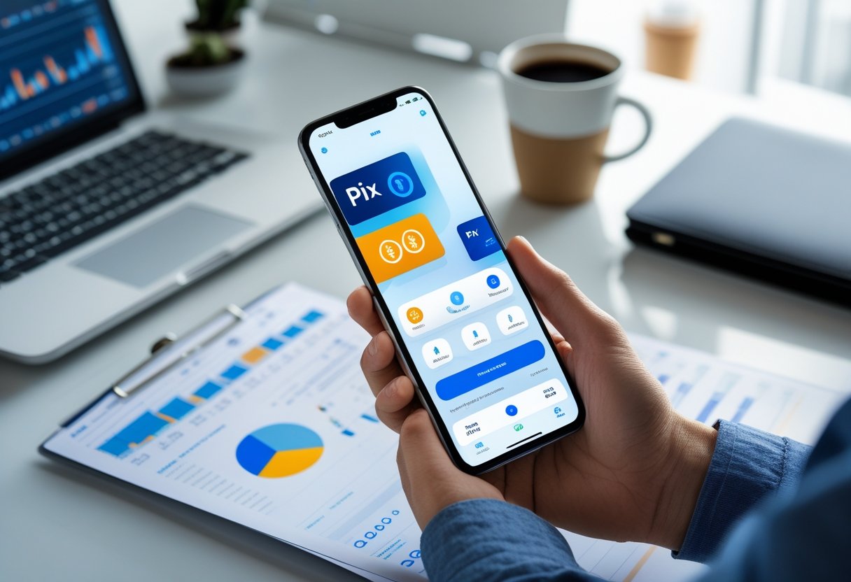 Pessoa segurando um smartphone em uma mesa de trabalho, realizando uma compra de criptomoeda usando Pix, com laptop e gráficos financeiros ao fundo.