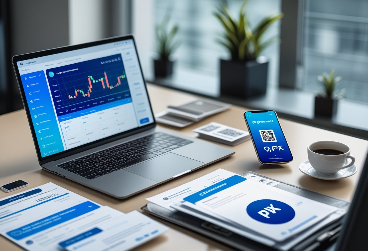 Mesa de trabalho com laptop mostrando carteira digital de criptomoedas, smartphone com app PIX aberto e documentos organizados ao redor.