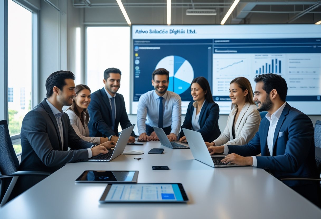 Grupo de profissionais colaborando em uma sala de reunião moderna com equipamentos digitais.