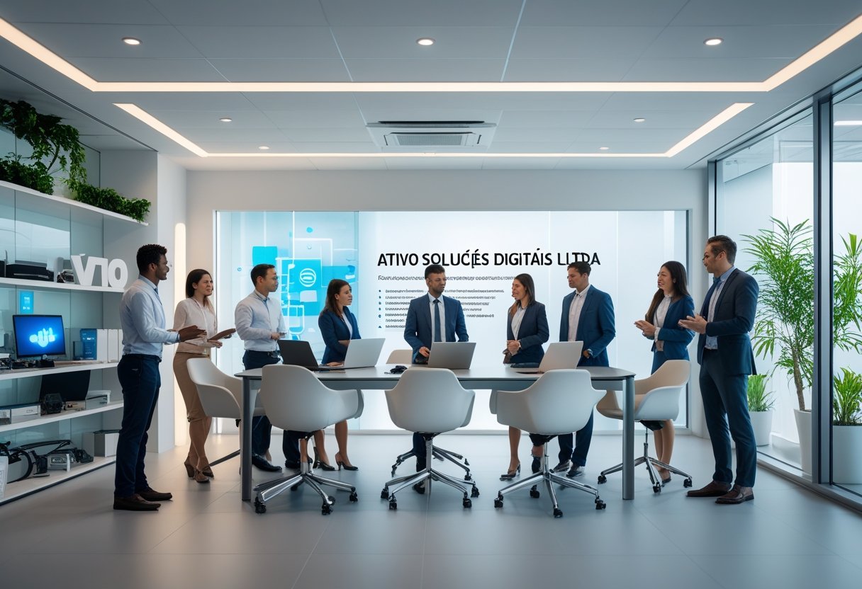 Profissionais colaborando em um escritório moderno e iluminado, representando uma empresa confiável de soluções digitais.