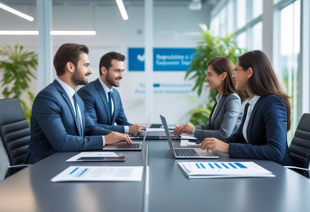 Profissionais de negócios em reunião em um escritório moderno e iluminado, transmitindo confiança e credibilidade.