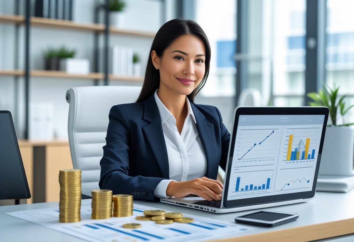 Mulher de negócios confiante revisando documentos financeiros em um escritório moderno com moedas douradas e laptop.