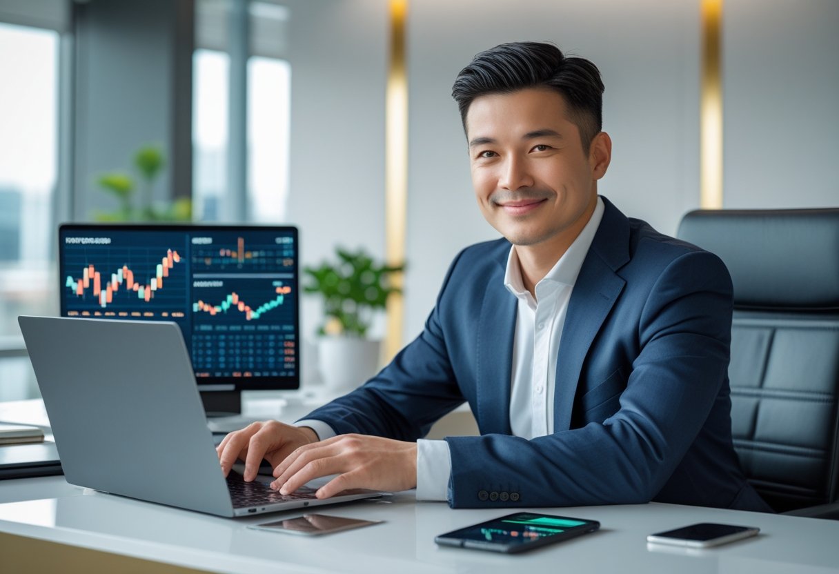 Pessoa confiante sentada em uma mesa moderna com laptop e smartphone mostrando gráficos financeiros em um escritório elegante.