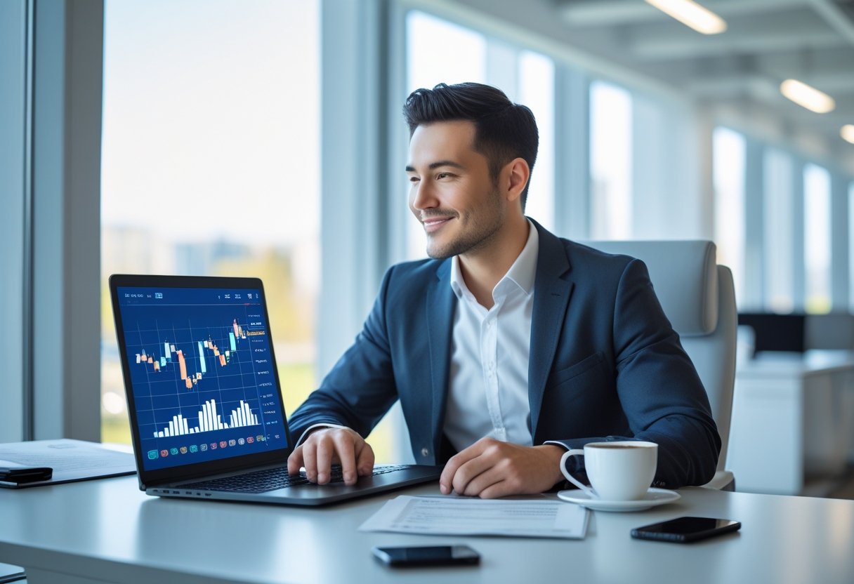 Pessoa confiante trabalhando em um escritório moderno com laptop e gráficos financeiros na tela.