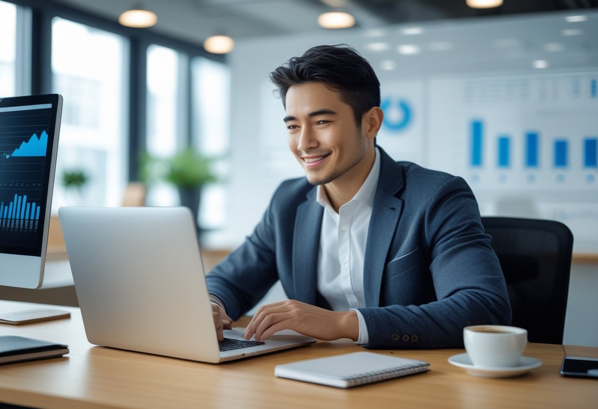 Pessoa jovem usando laptop em escritório moderno, demonstrando confiança e satisfação.