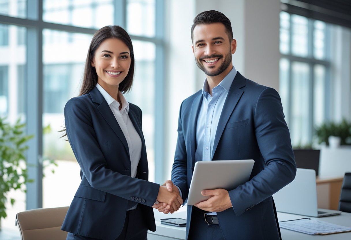 Mulher e homem de negócios apertando as mãos em um escritório moderno, transmitindo confiança e profissionalismo.
