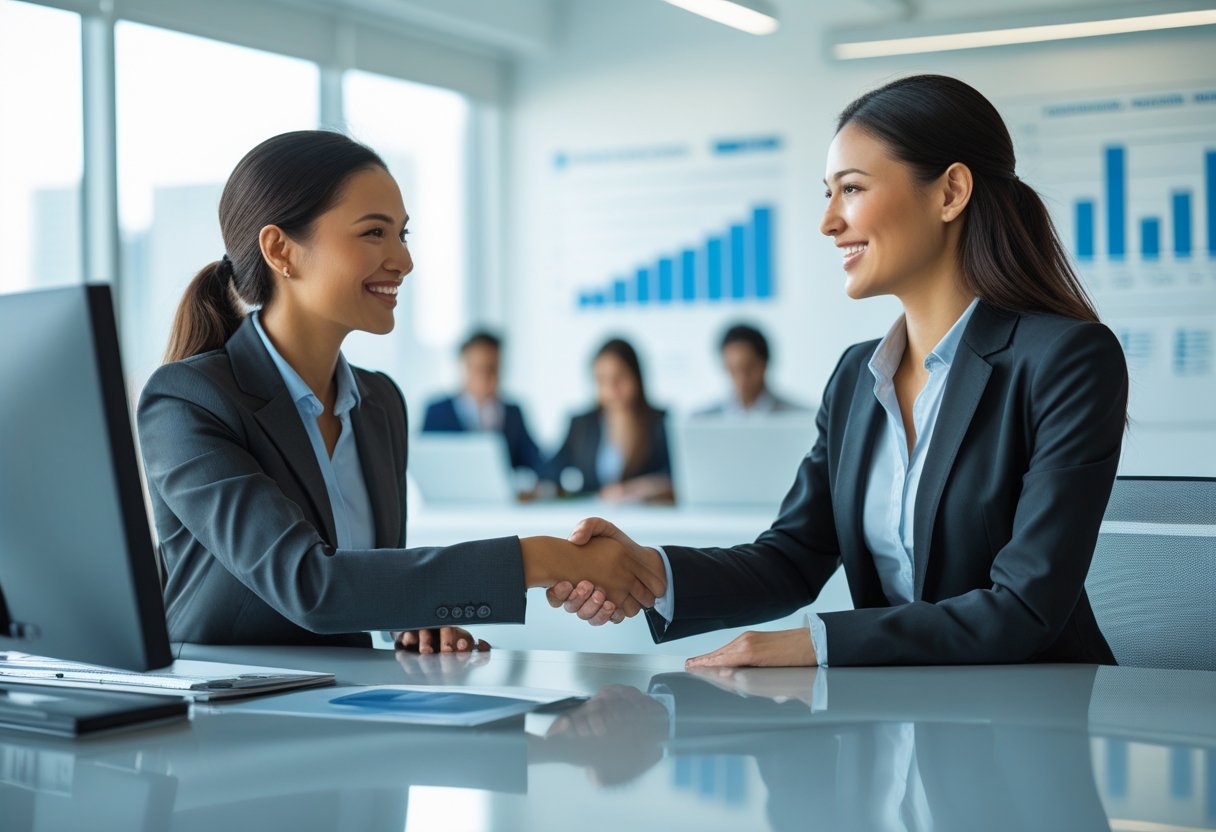 Duas pessoas em um escritório moderno apertando as mãos, transmitindo confiança e profissionalismo.
