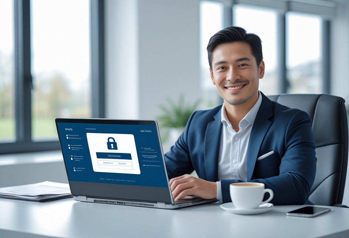 Pessoa confiante sentada em uma mesa de escritório moderna com laptop aberto mostrando uma interface segura, em um ambiente de escritório iluminado e organizado.