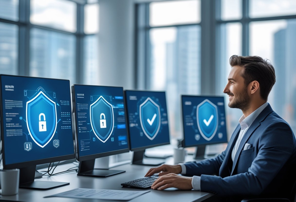 Profissional em escritório moderno analisando telas de computador com ícones de segurança digital, transmitindo confiança e licenciamento.