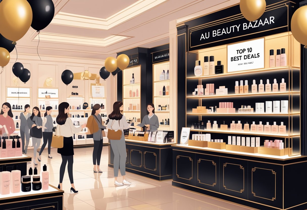 A busy beauty store with shoppers looking at shelves filled with skincare, makeup, and haircare products decorated for a Black Friday sale.