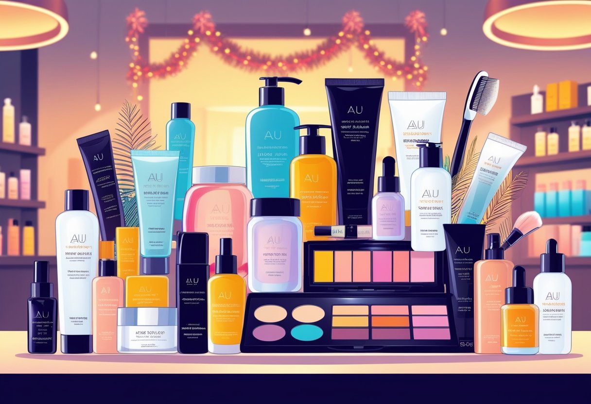 A display of various beauty products arranged on a table inside a brightly lit store, suggesting a special sale event.