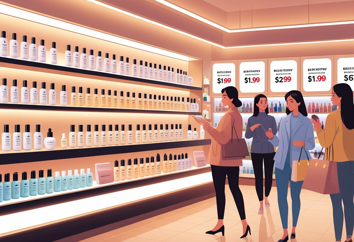 A busy beauty store interior with shelves of skincare serums and shoppers looking at products during a sale event.