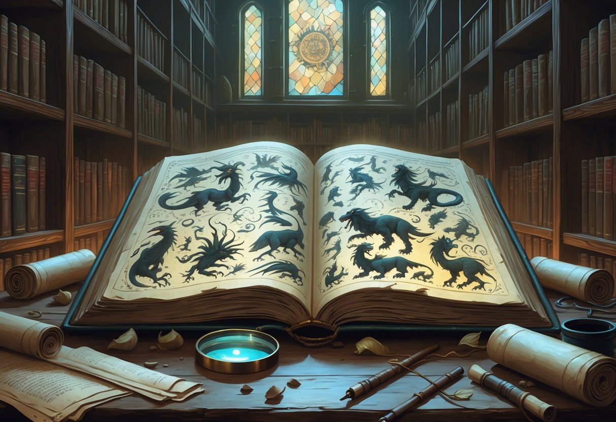 Sebuah buku kuno terbuka di atas meja kayu di perpustakaan dengan rak buku tinggi dan cahaya hangat yang masuk melalui jendela kaca berwarna, menampilkan gambar berbagai monster mitos di halaman buku.