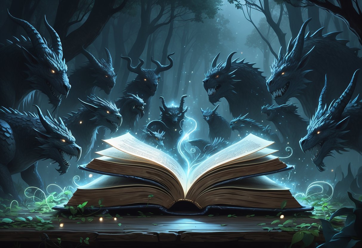 Sebuah buku kuno terbuka di atas meja kayu dengan cahaya magis yang keluar dari halamannya, dikelilingi oleh berbagai makhluk monster fantastis di latar hutan gelap.