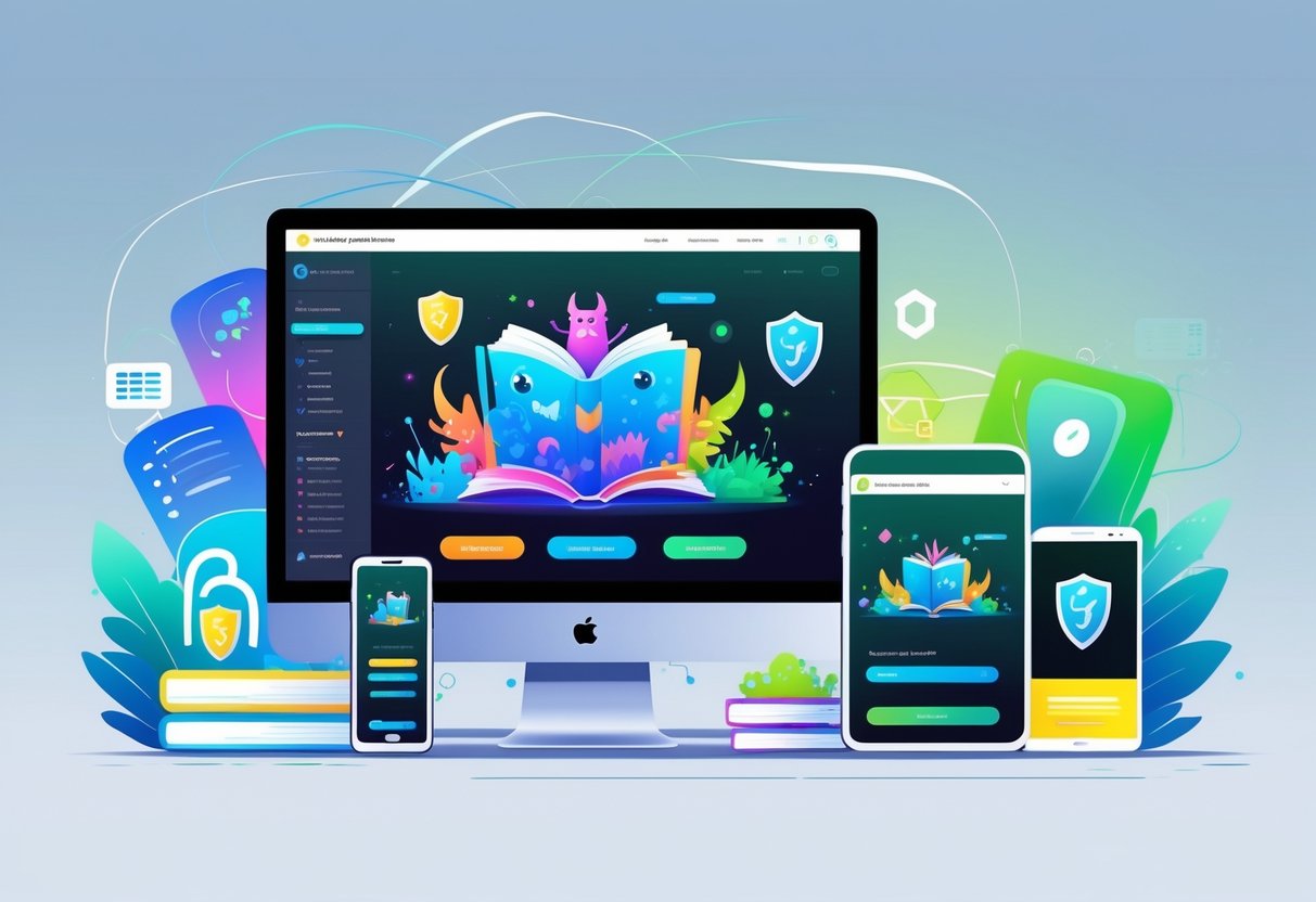 Tampilan beberapa perangkat digital yang menampilkan ilustrasi monster berwarna-warni di latar belakang teknologi modern.