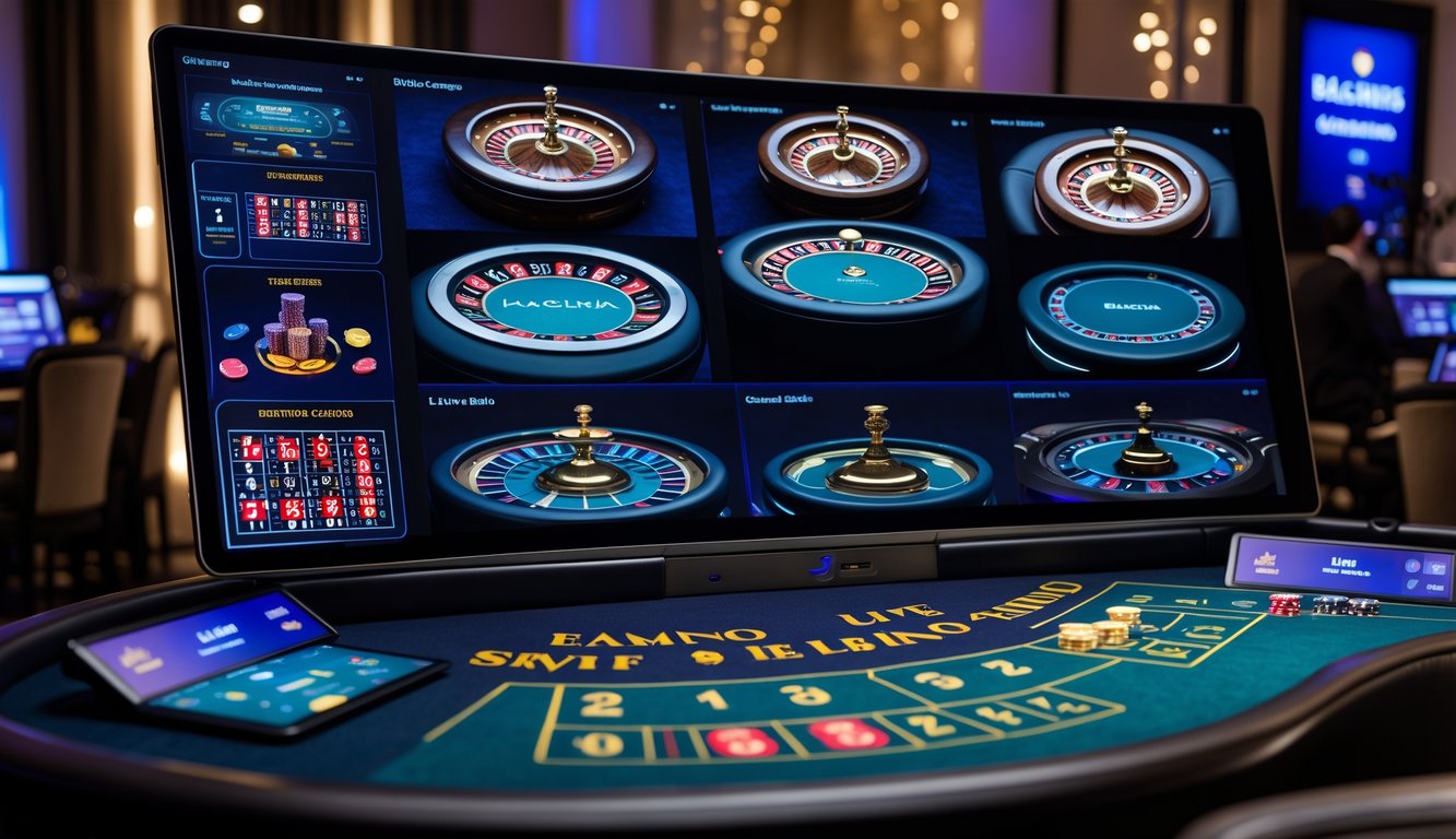 Tampilan antarmuka kasino online dengan berbagai meja permainan langsung seperti blackjack, roulette, dan poker dalam ruangan bergaya modern dan mewah.
