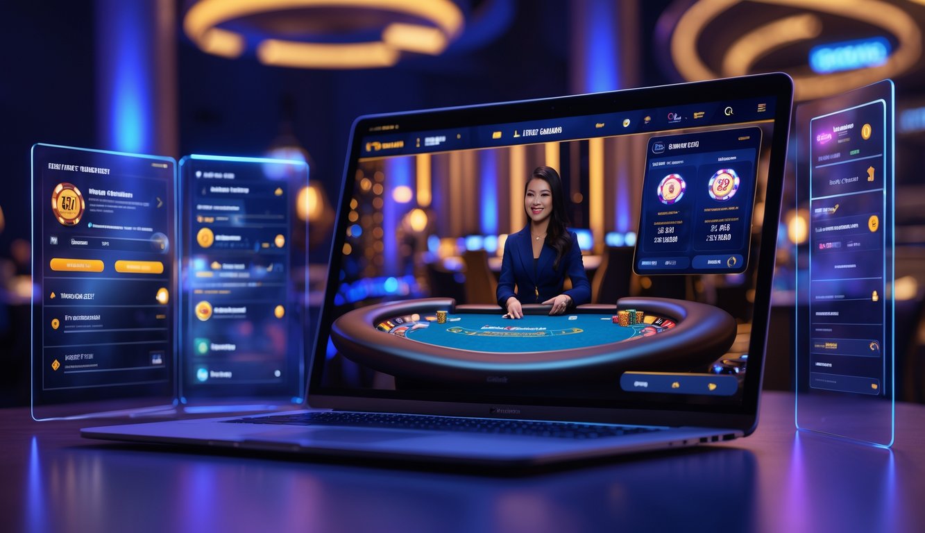 Sebuah layar komputer menampilkan permainan kasino langsung dengan dealer profesional dan elemen interaktif di sekitarnya.